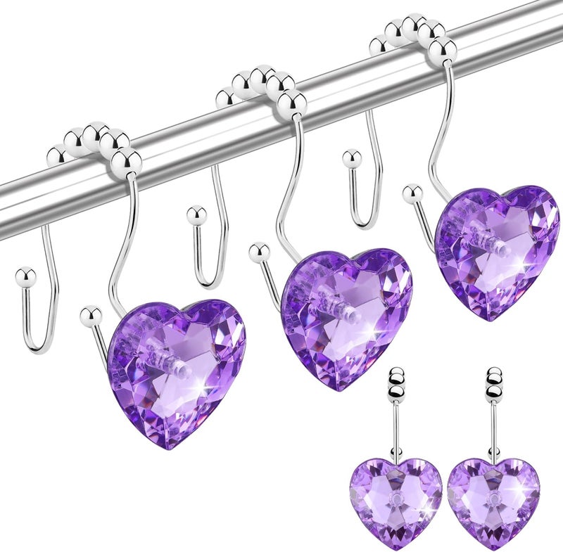 Yapicoco Shower Curtain Hooks Rings for Bathroom, 12PCS Heart Stainless Steel Rust Resistant Decorative Rhinestones Shower Curtain Rings Hangers for Shower Curtains (Double Hook Purple) - Image 1